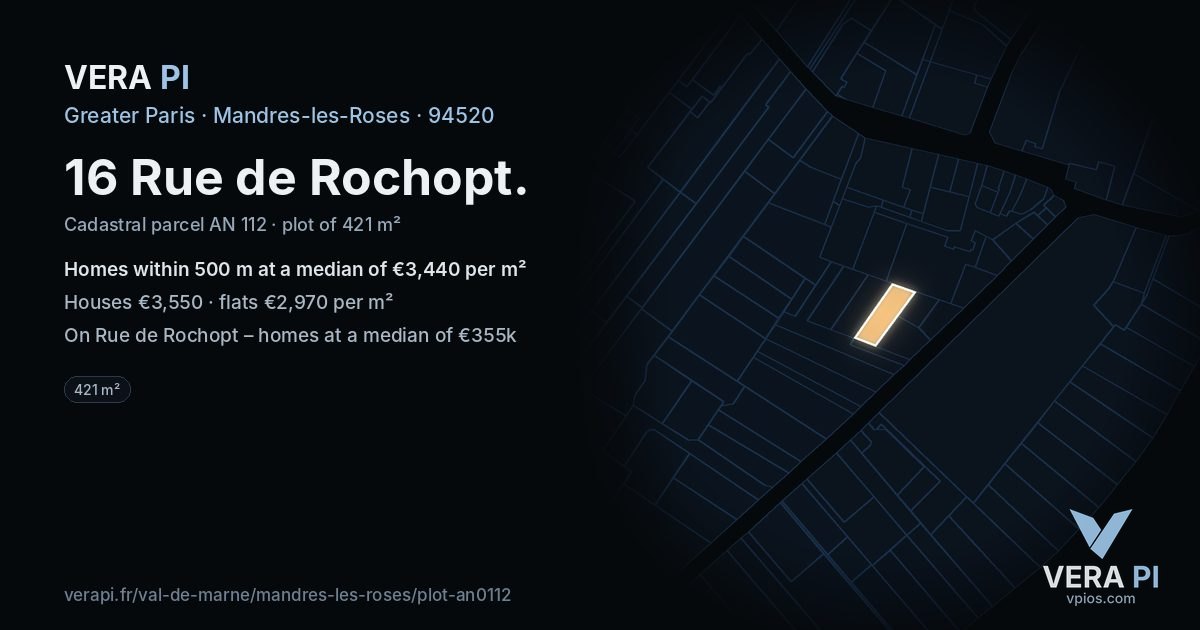 16 Rue de Rochopt, Mandres-les-Roses at night – the plot lit, the parcels around coloured by the prices near them