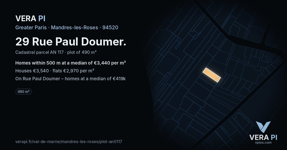 29 Rue Paul Doumer, Mandres-les-Roses at night – the plot lit, the parcels around coloured by the prices near them