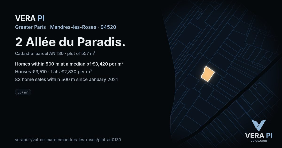 2 Allée du Paradis, Mandres-les-Roses at night – the plot lit, the parcels around coloured by the prices near them