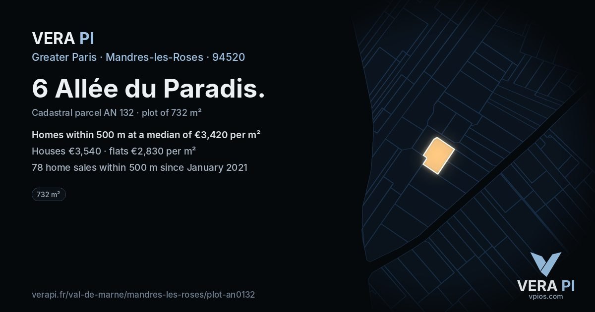 6 Allée du Paradis, Mandres-les-Roses at night – the plot lit, the parcels around coloured by the prices near them