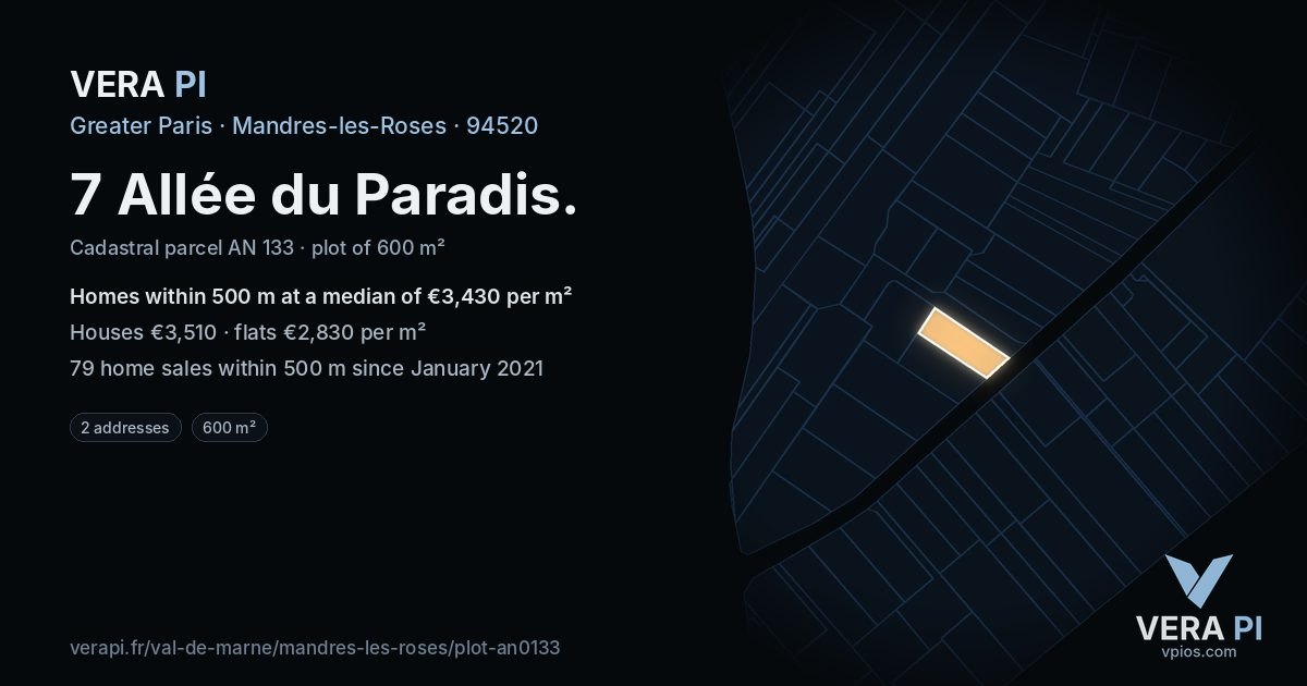 7 Allée du Paradis, Mandres-les-Roses at night – the plot lit, the parcels around coloured by the prices near them