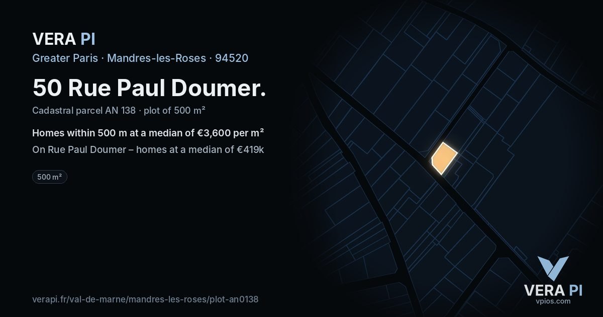 50 Rue Paul Doumer, Mandres-les-Roses at night – the plot lit, the parcels around coloured by the prices near them