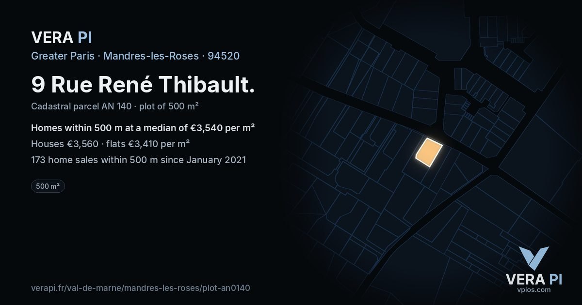 9 Rue René Thibault, Mandres-les-Roses at night – the plot lit, the parcels around coloured by the prices near them