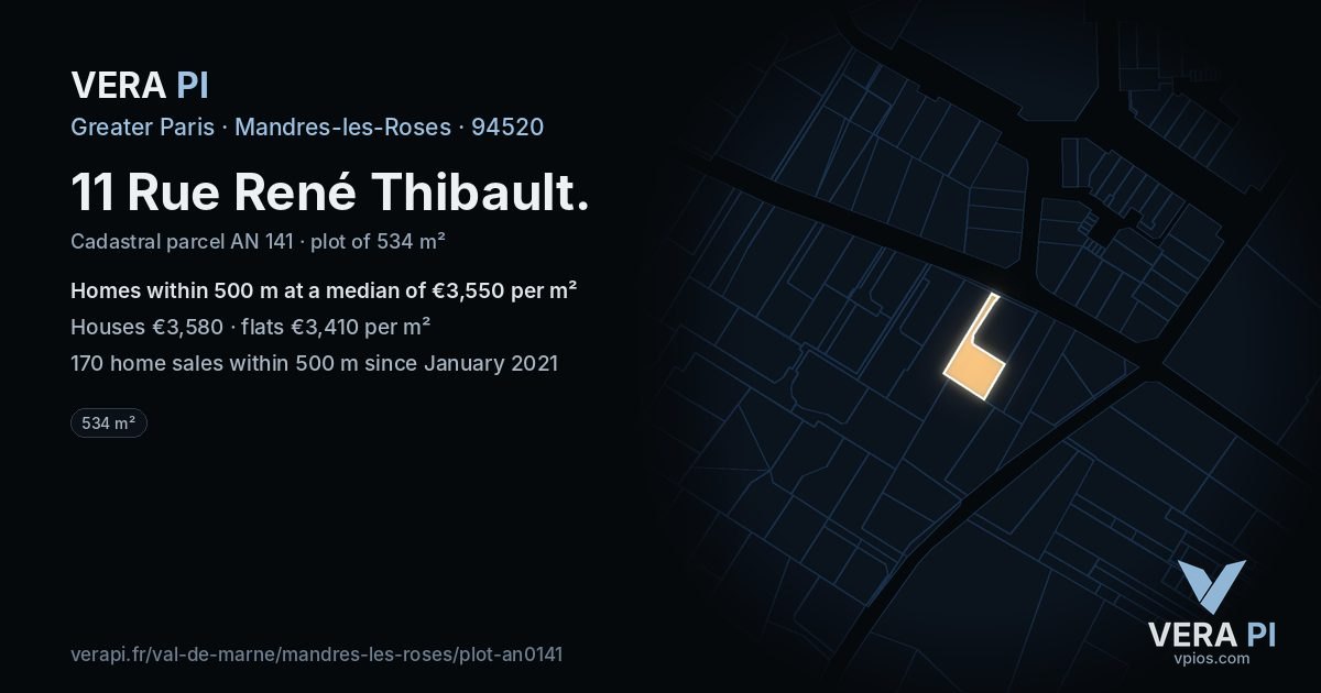 11 Rue René Thibault, Mandres-les-Roses at night – the plot lit, the parcels around coloured by the prices near them