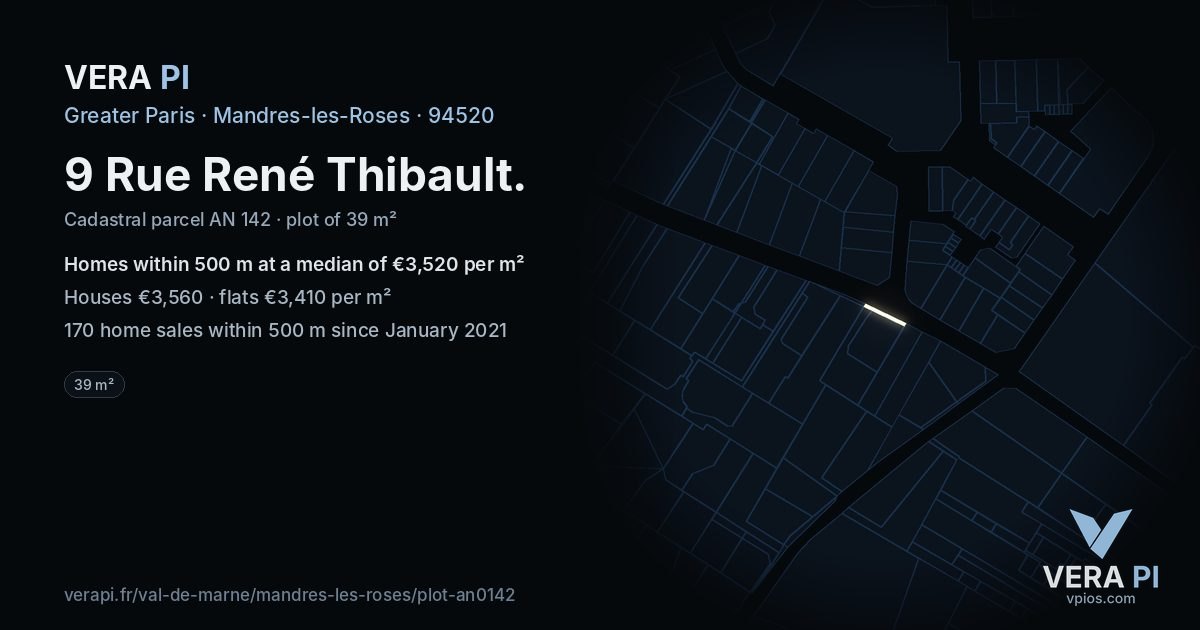 9 Rue René Thibault, Mandres-les-Roses at night – the plot lit, the parcels around coloured by the prices near them