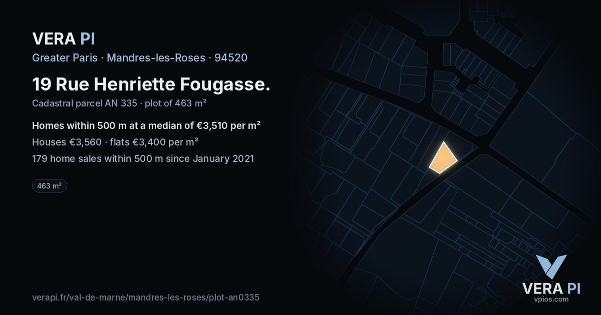 19 Rue Henriette Fougasse, Mandres-les-Roses at night – the plot lit, the parcels around coloured by the prices near them