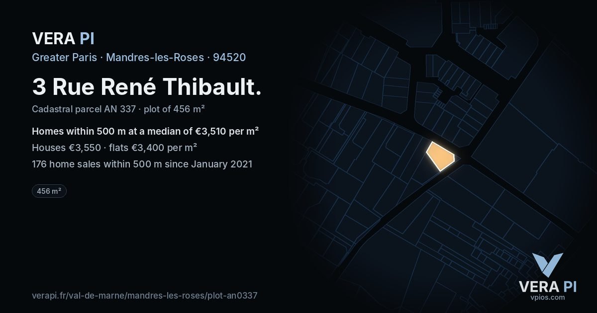 3 Rue René Thibault, Mandres-les-Roses at night – the plot lit, the parcels around coloured by the prices near them