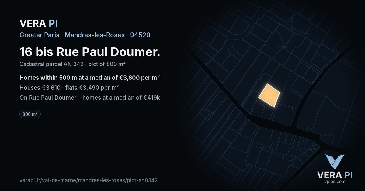 16 bis Rue Paul Doumer, Mandres-les-Roses at night – the plot lit, the parcels around coloured by the prices near them