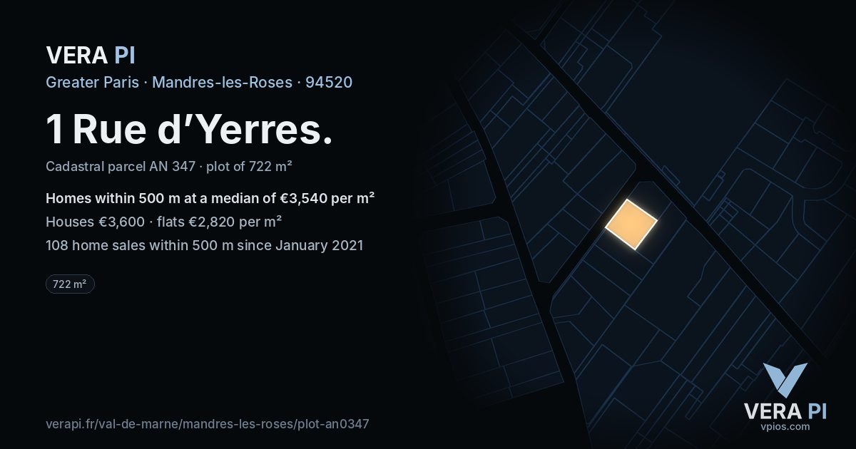 1 Rue d’Yerres, Mandres-les-Roses at night – the plot lit, the parcels around coloured by the prices near them
