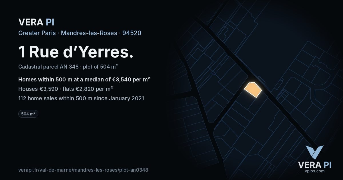 1 Rue d’Yerres, Mandres-les-Roses at night – the plot lit, the parcels around coloured by the prices near them