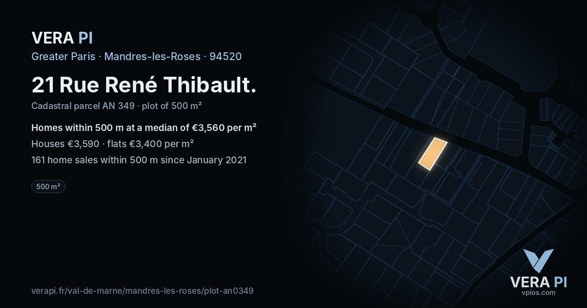21 Rue René Thibault, Mandres-les-Roses at night – the plot lit, the parcels around coloured by the prices near them