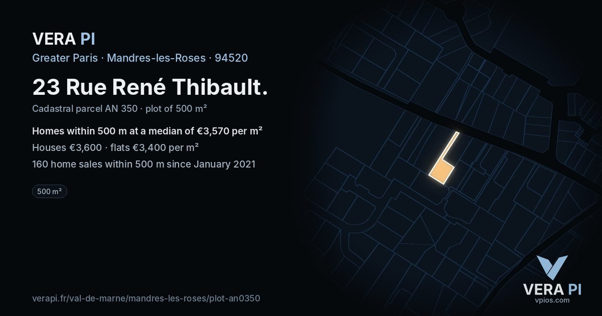 23 Rue René Thibault, Mandres-les-Roses at night – the plot lit, the parcels around coloured by the prices near them