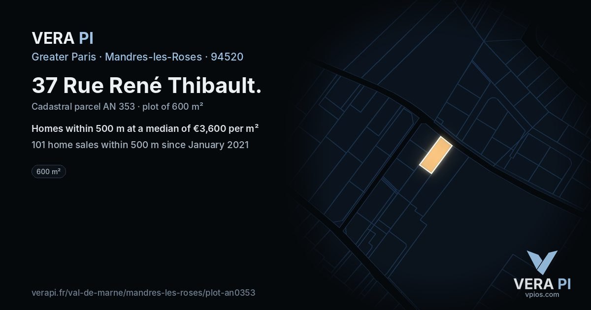 37 Rue René Thibault, Mandres-les-Roses at night – the plot lit, the parcels around coloured by the prices near them