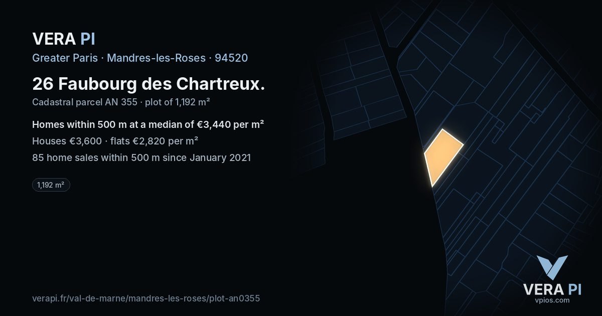 26 Faubourg des Chartreux, Mandres-les-Roses at night – the plot lit, the parcels around coloured by the prices near them