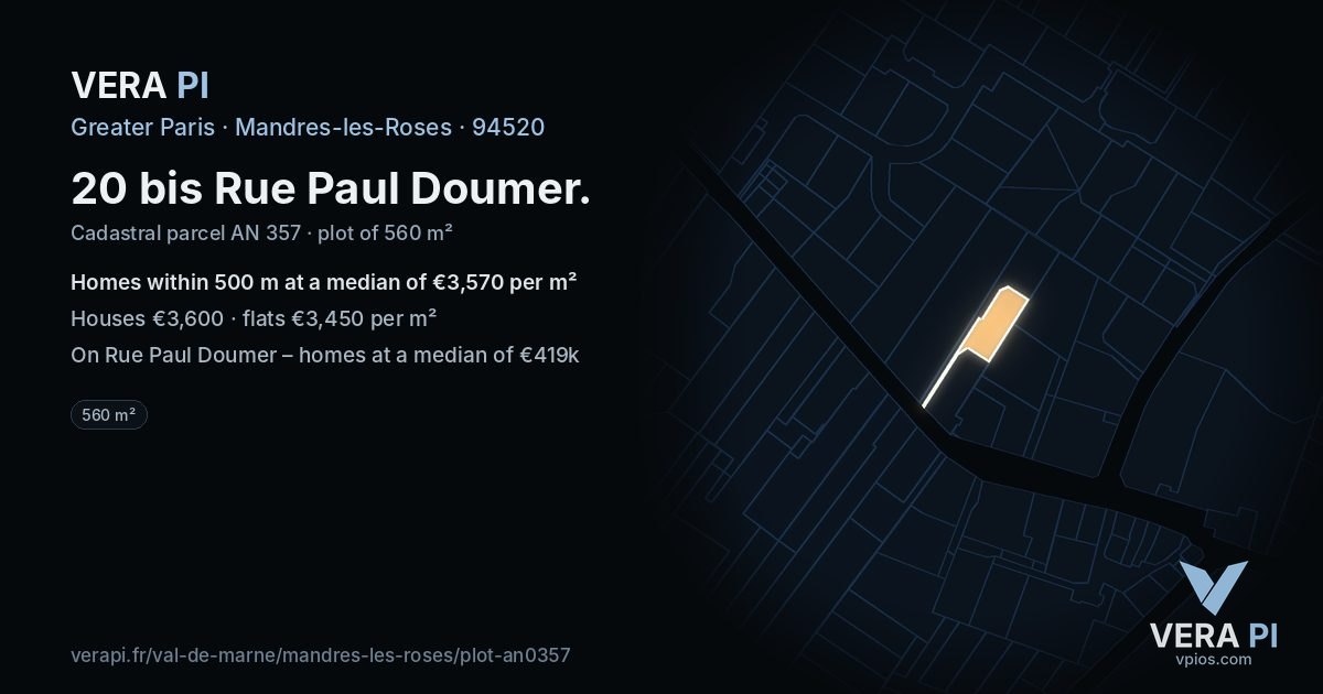 20 bis Rue Paul Doumer, Mandres-les-Roses at night – the plot lit, the parcels around coloured by the prices near them
