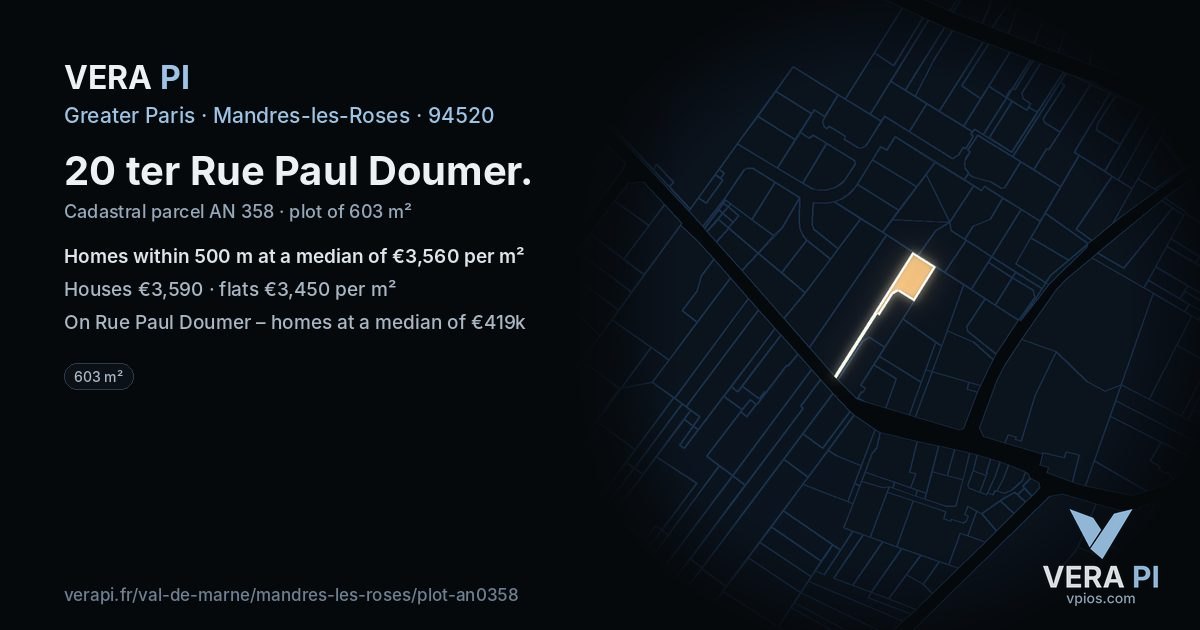 20 ter Rue Paul Doumer, Mandres-les-Roses at night – the plot lit, the parcels around coloured by the prices near them