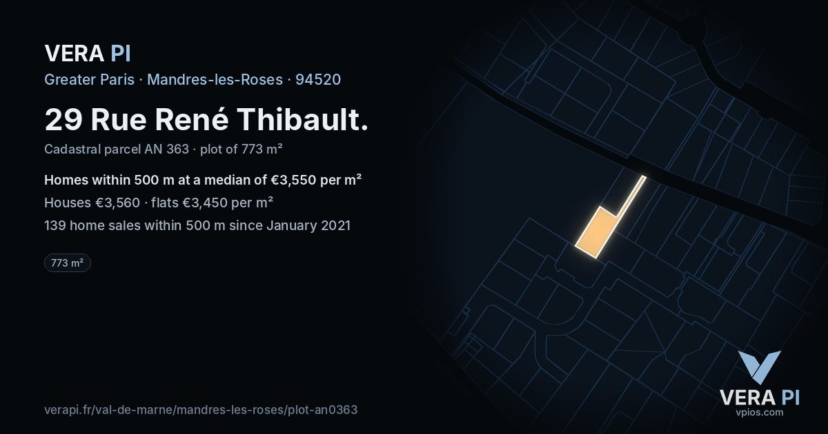 29 Rue René Thibault, Mandres-les-Roses at night – the plot lit, the parcels around coloured by the prices near them