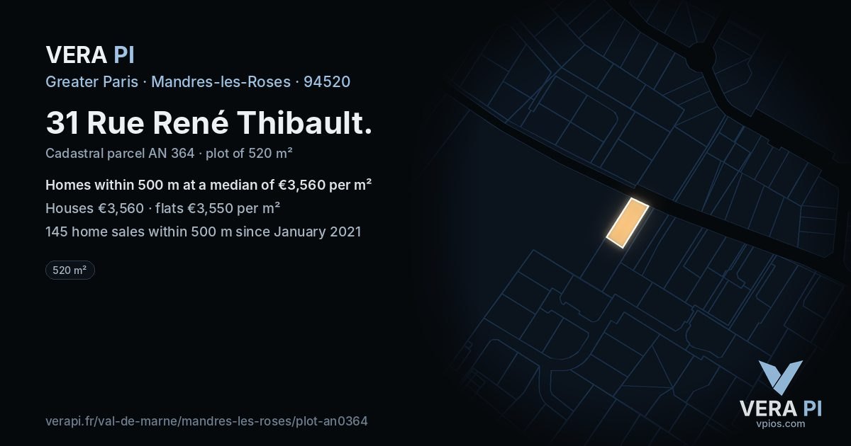 31 Rue René Thibault, Mandres-les-Roses at night – the plot lit, the parcels around coloured by the prices near them