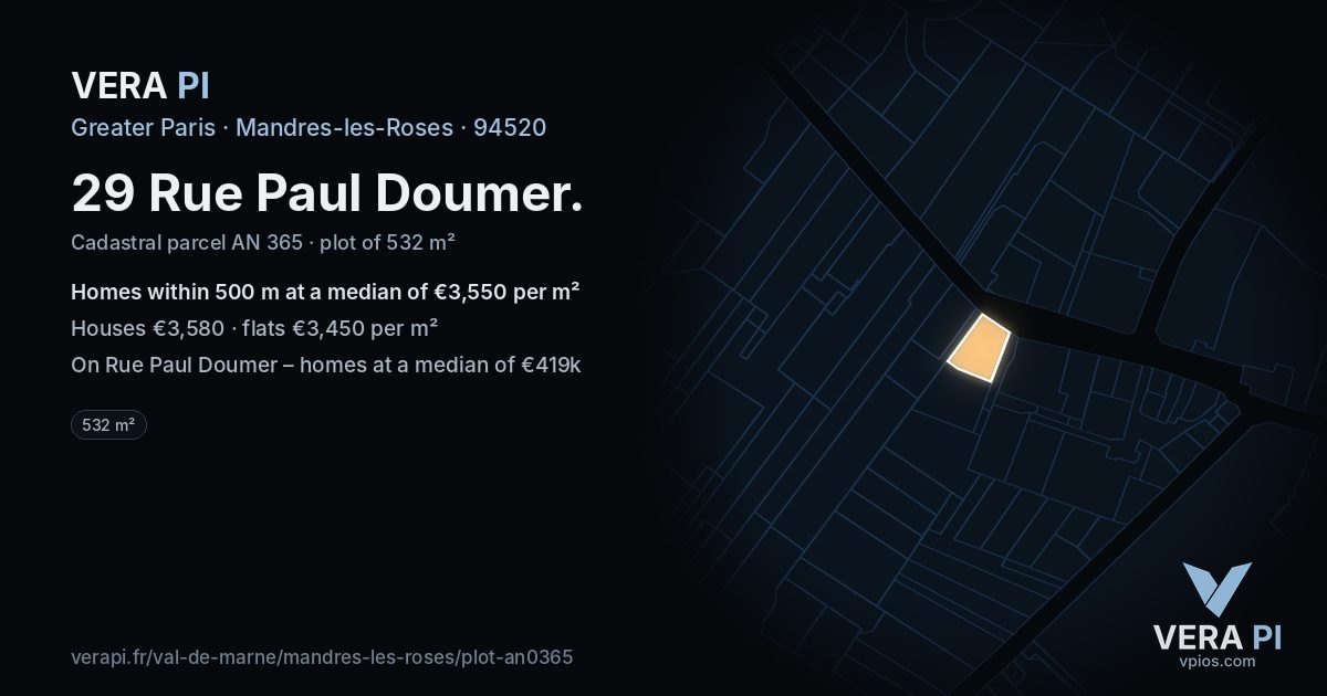 29 Rue Paul Doumer, Mandres-les-Roses at night – the plot lit, the parcels around coloured by the prices near them