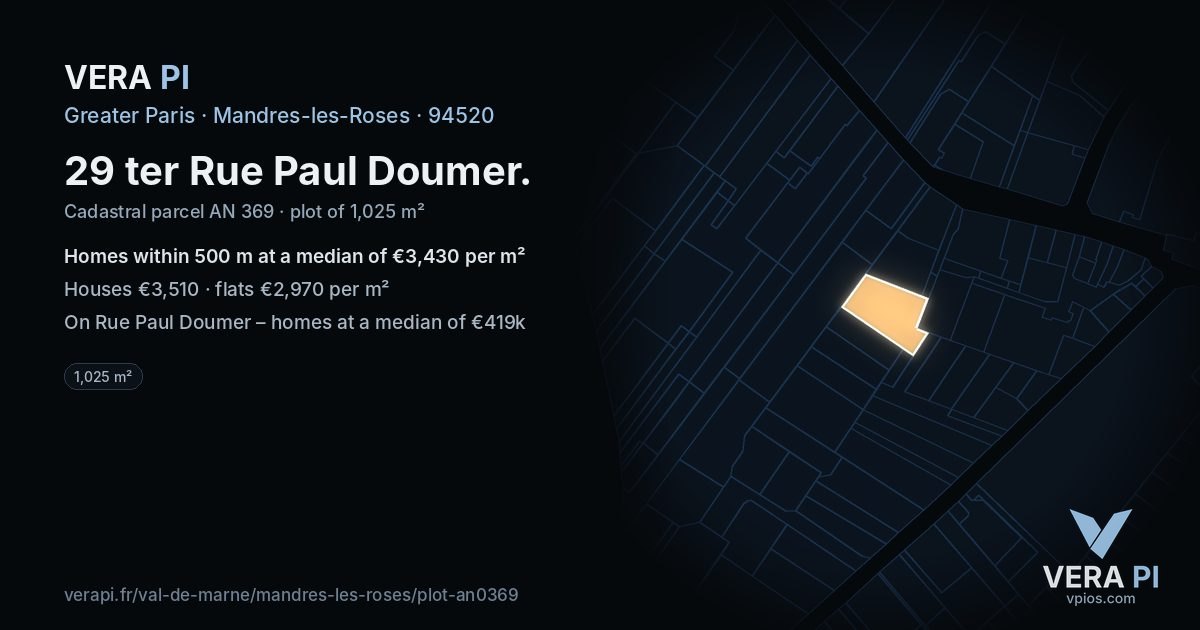 29 ter Rue Paul Doumer, Mandres-les-Roses at night – the plot lit, the parcels around coloured by the prices near them