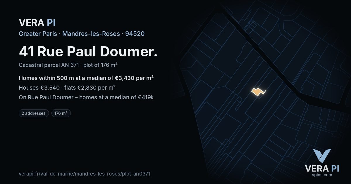 41 Rue Paul Doumer, Mandres-les-Roses at night – the plot lit, the parcels around coloured by the prices near them