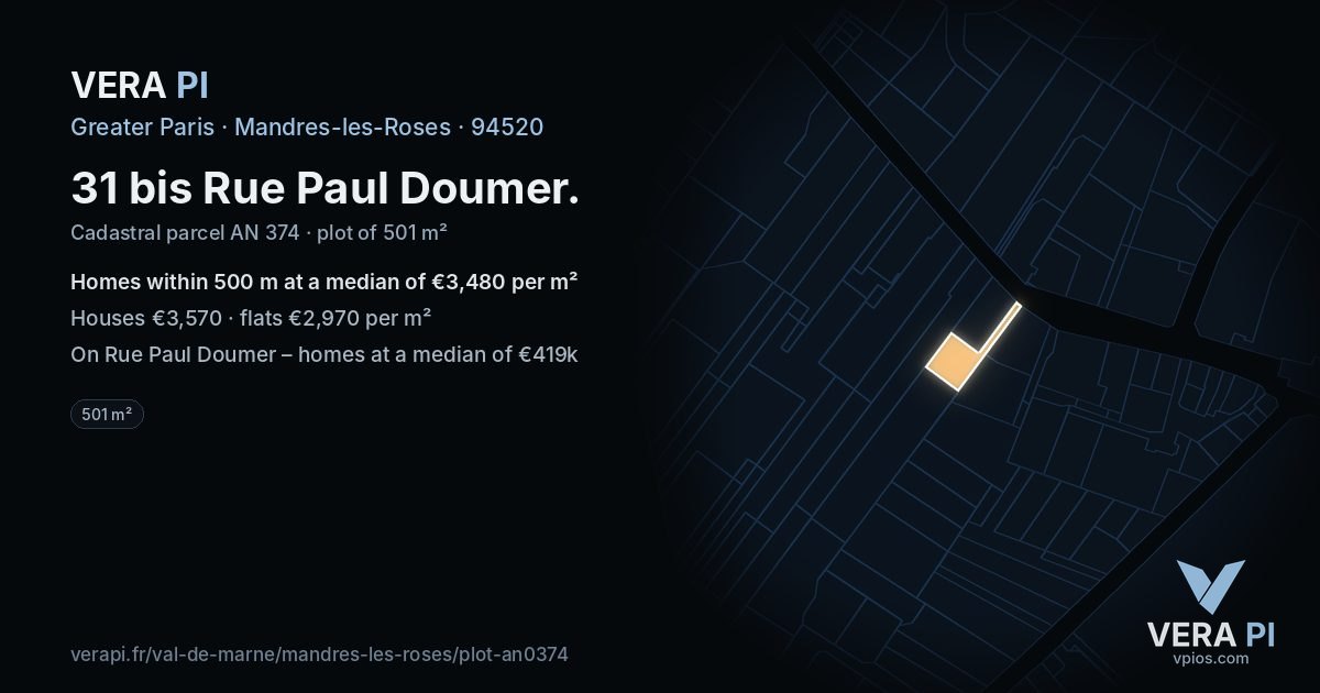 31 bis Rue Paul Doumer, Mandres-les-Roses at night – the plot lit, the parcels around coloured by the prices near them