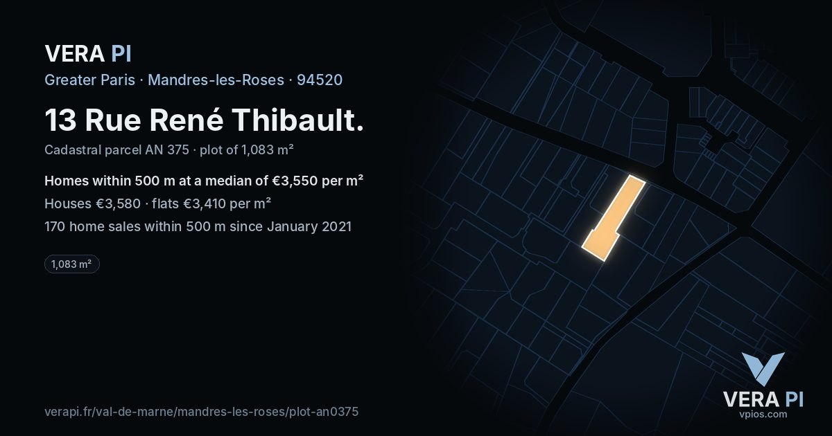 13 Rue René Thibault, Mandres-les-Roses at night – the plot lit, the parcels around coloured by the prices near them