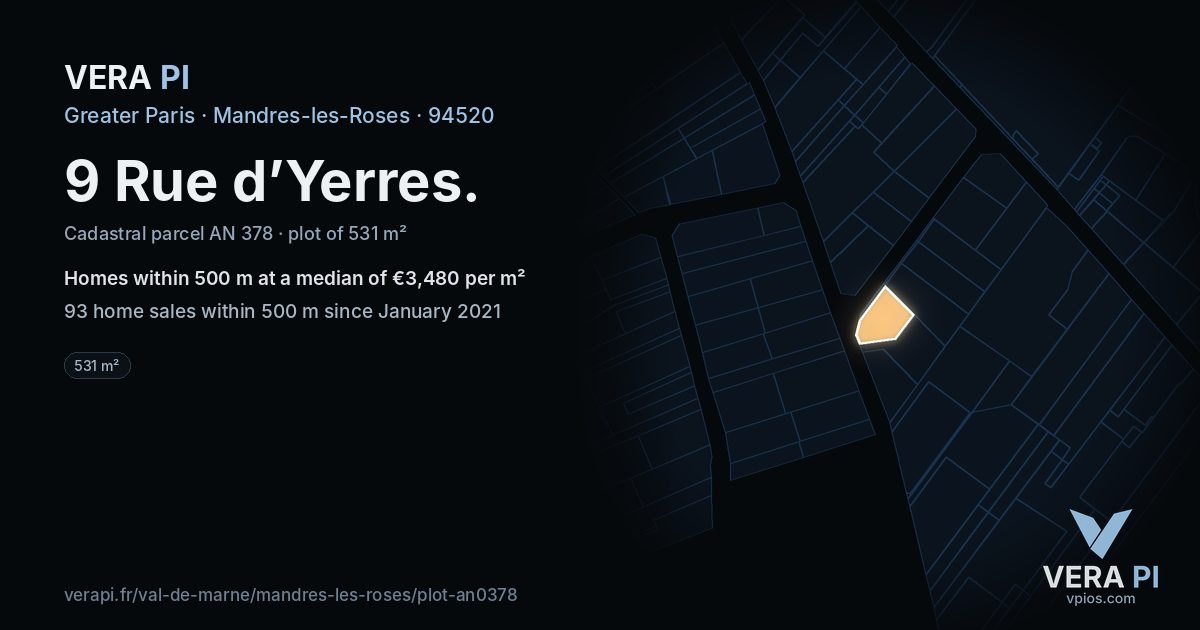 9 Rue d’Yerres, Mandres-les-Roses at night – the plot lit, the parcels around coloured by the prices near them