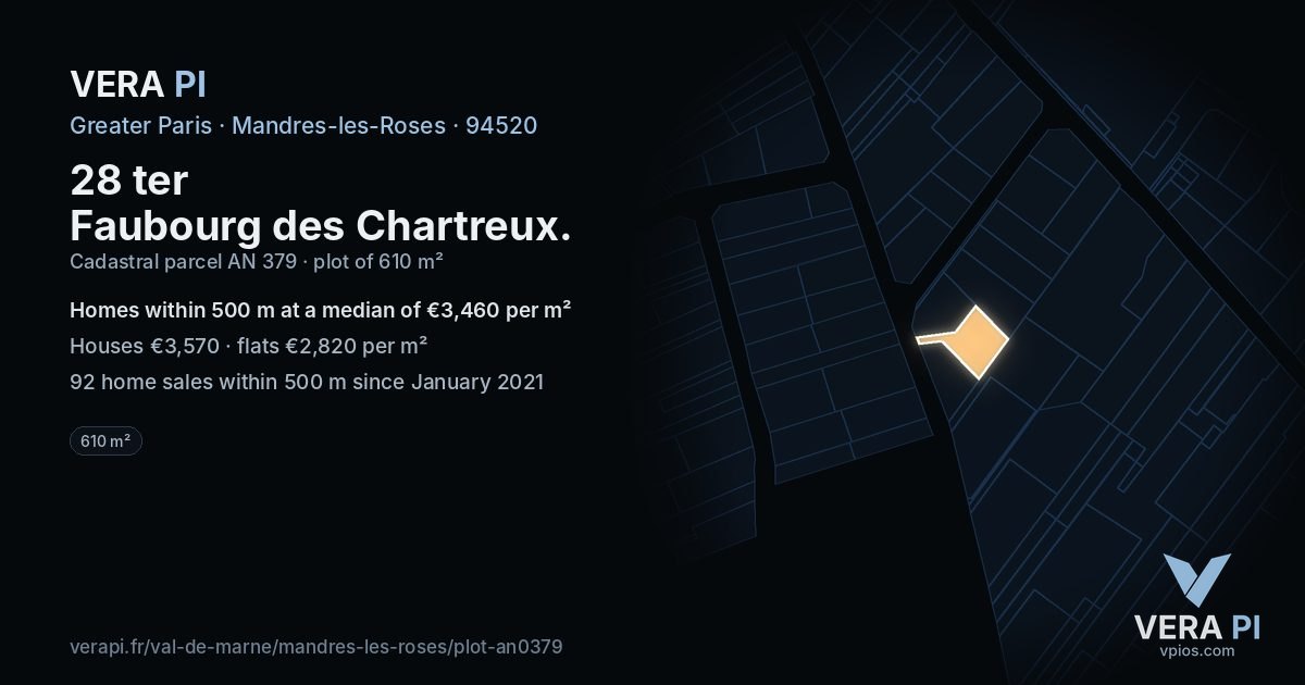 28 ter Faubourg des Chartreux, Mandres-les-Roses at night – the plot lit, the parcels around coloured by the prices near them