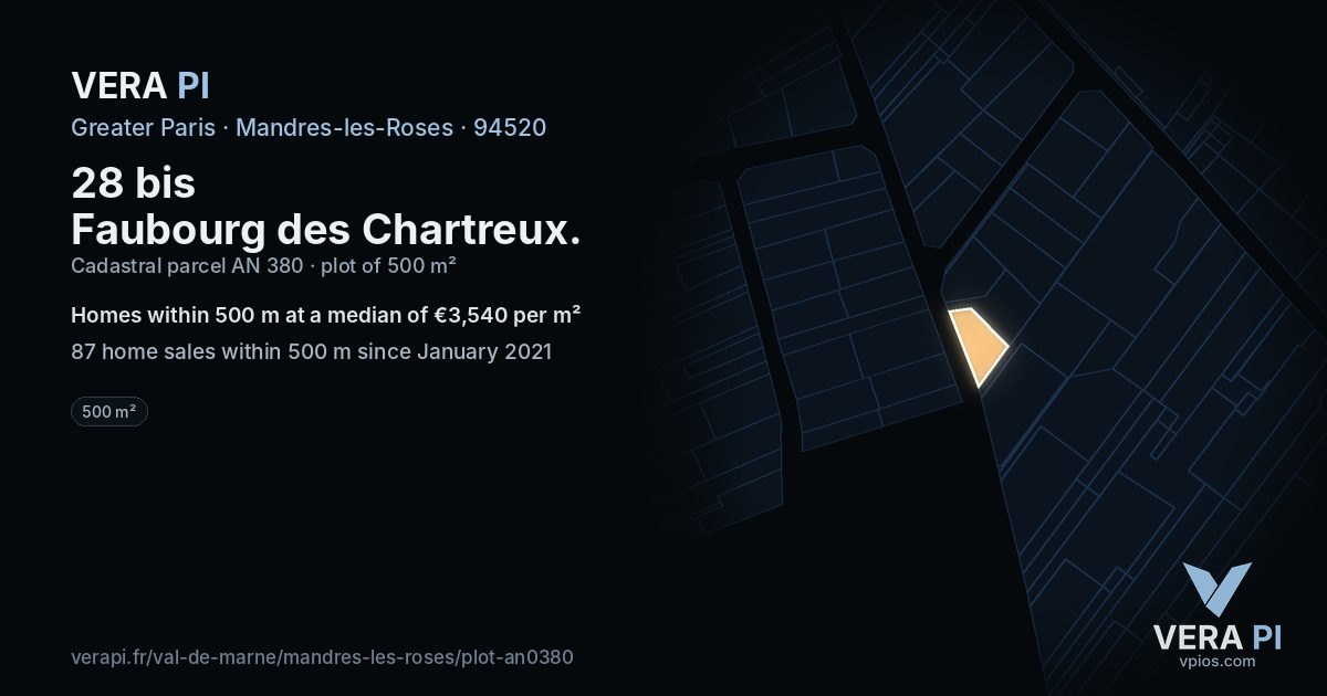 28 bis Faubourg des Chartreux, Mandres-les-Roses at night – the plot lit, the parcels around coloured by the prices near them