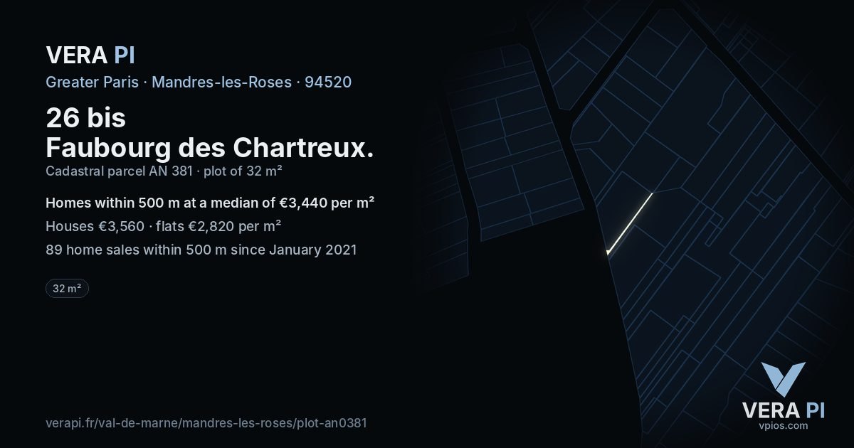 26 bis Faubourg des Chartreux, Mandres-les-Roses at night – the plot lit, the parcels around coloured by the prices near them