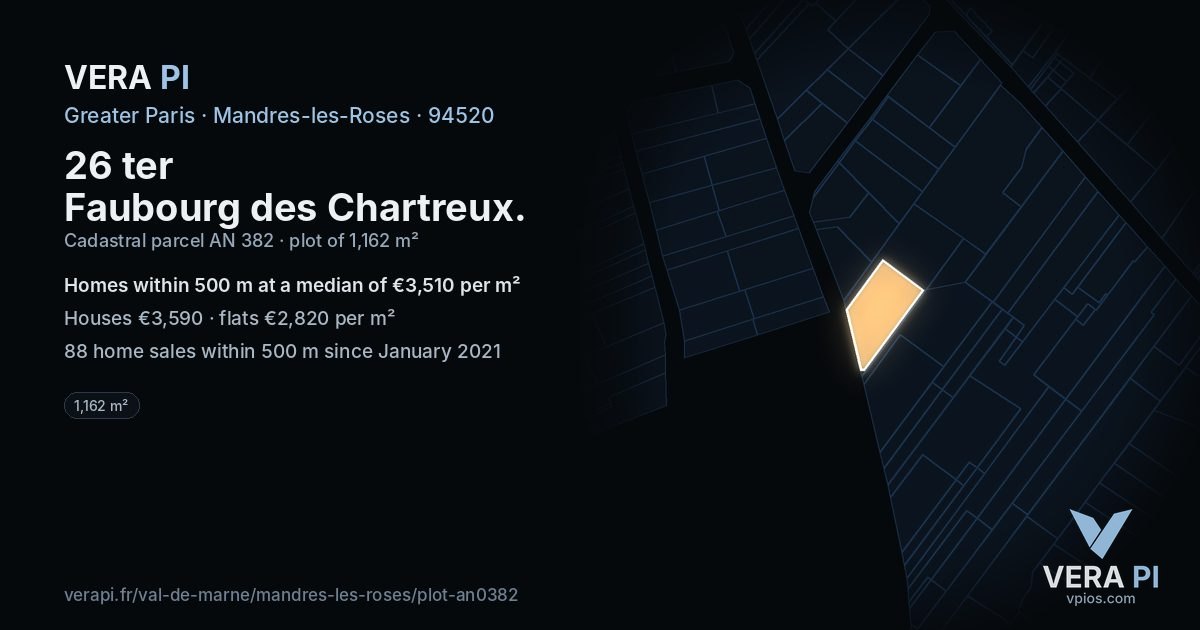 26 ter Faubourg des Chartreux, Mandres-les-Roses at night – the plot lit, the parcels around coloured by the prices near them