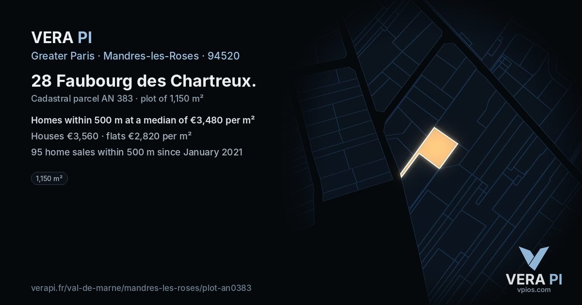 28 Faubourg des Chartreux, Mandres-les-Roses at night – the plot lit, the parcels around coloured by the prices near them