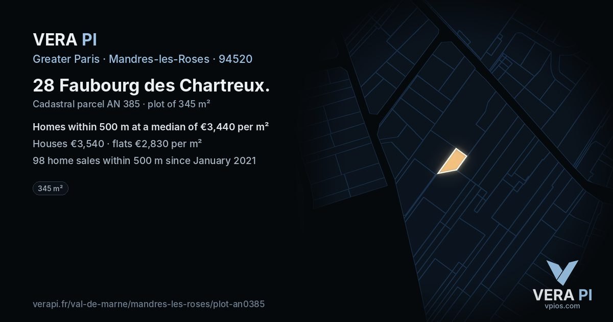 28 Faubourg des Chartreux, Mandres-les-Roses at night – the plot lit, the parcels around coloured by the prices near them