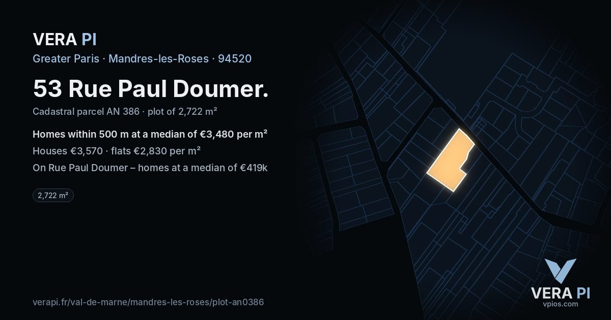 53 Rue Paul Doumer, Mandres-les-Roses at night – the plot lit, the parcels around coloured by the prices near them