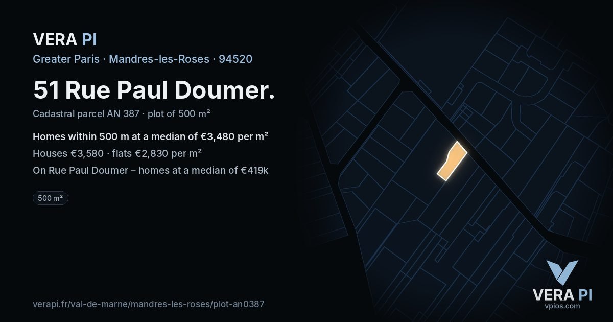 51 Rue Paul Doumer, Mandres-les-Roses at night – the plot lit, the parcels around coloured by the prices near them