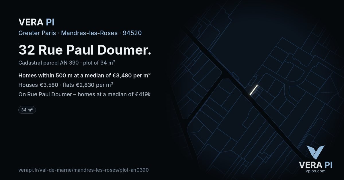32 Rue Paul Doumer, Mandres-les-Roses at night – the plot lit, the parcels around coloured by the prices near them