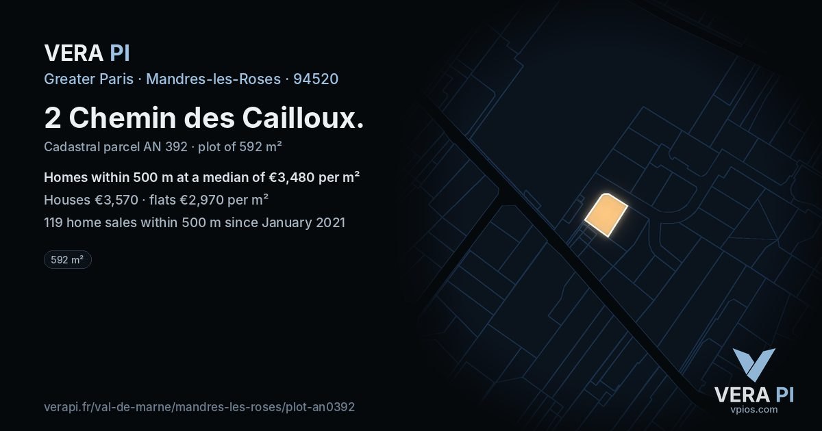 2 Chemin des Cailloux, Mandres-les-Roses at night – the plot lit, the parcels around coloured by the prices near them