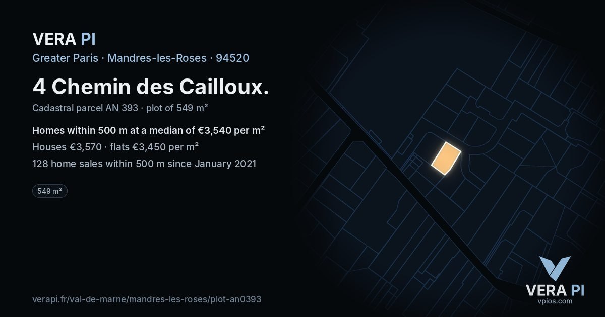 4 Chemin des Cailloux, Mandres-les-Roses at night – the plot lit, the parcels around coloured by the prices near them