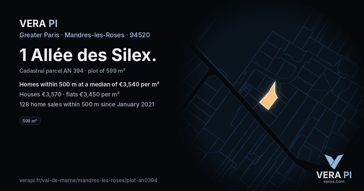 1 Allée des Silex, Mandres-les-Roses at night – the plot lit, the parcels around coloured by the prices near them