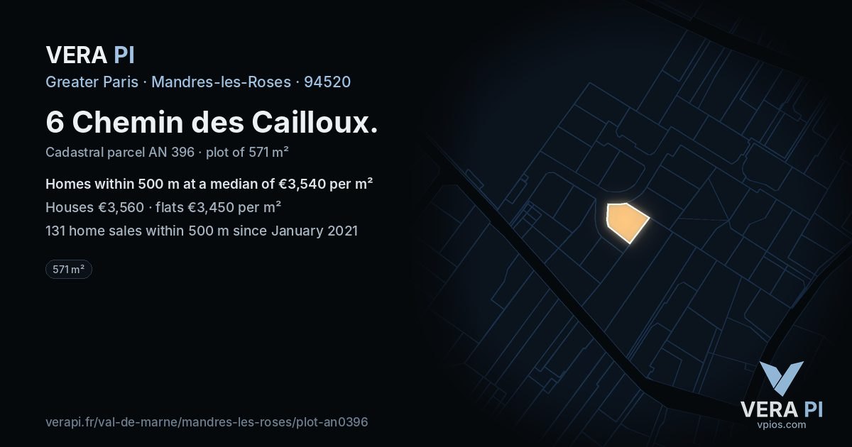 6 Chemin des Cailloux, Mandres-les-Roses at night – the plot lit, the parcels around coloured by the prices near them