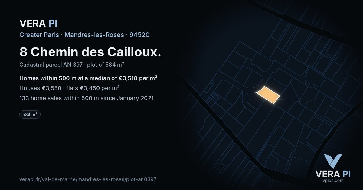 8 Chemin des Cailloux, Mandres-les-Roses at night – the plot lit, the parcels around coloured by the prices near them