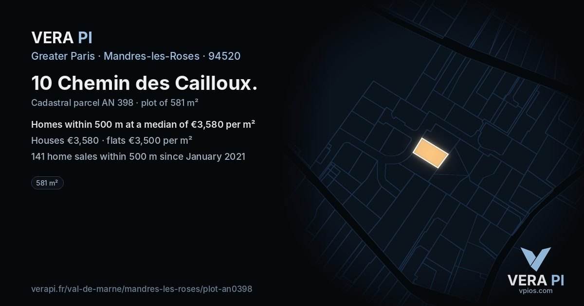 10 Chemin des Cailloux, Mandres-les-Roses at night – the plot lit, the parcels around coloured by the prices near them