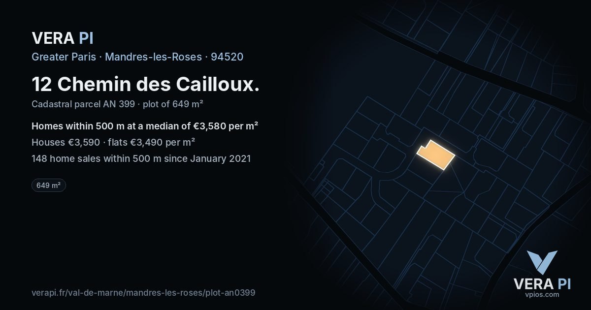 12 Chemin des Cailloux, Mandres-les-Roses at night – the plot lit, the parcels around coloured by the prices near them