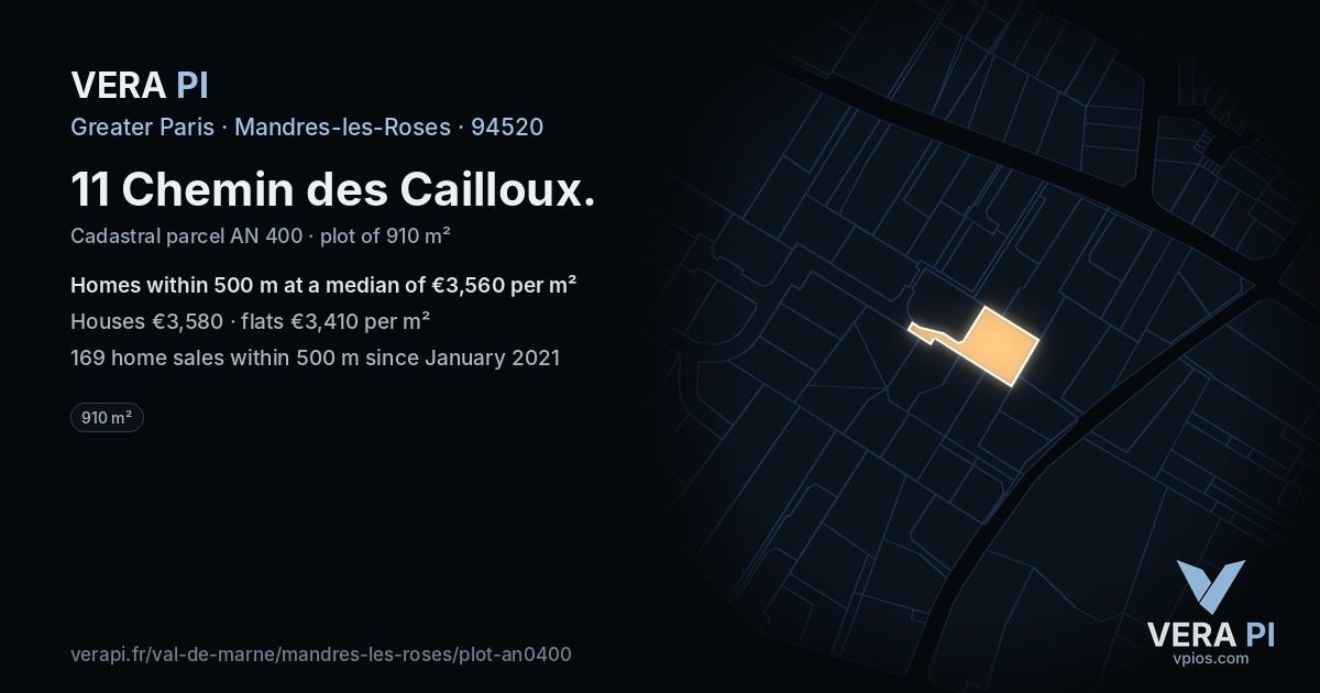 11 Chemin des Cailloux, Mandres-les-Roses at night – the plot lit, the parcels around coloured by the prices near them