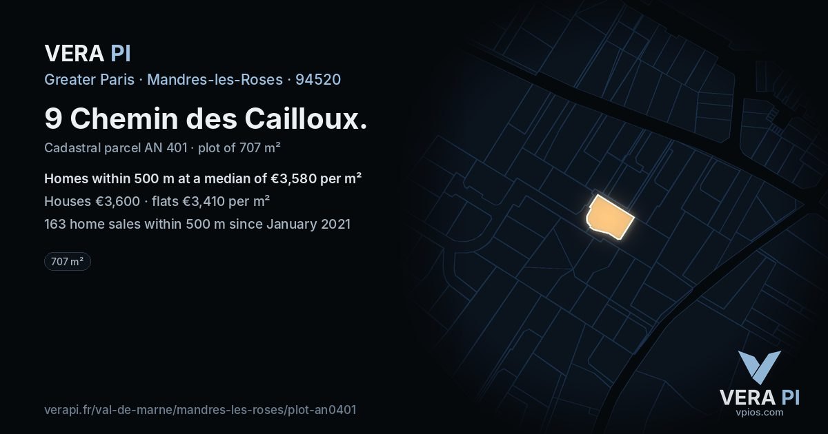 9 Chemin des Cailloux, Mandres-les-Roses at night – the plot lit, the parcels around coloured by the prices near them