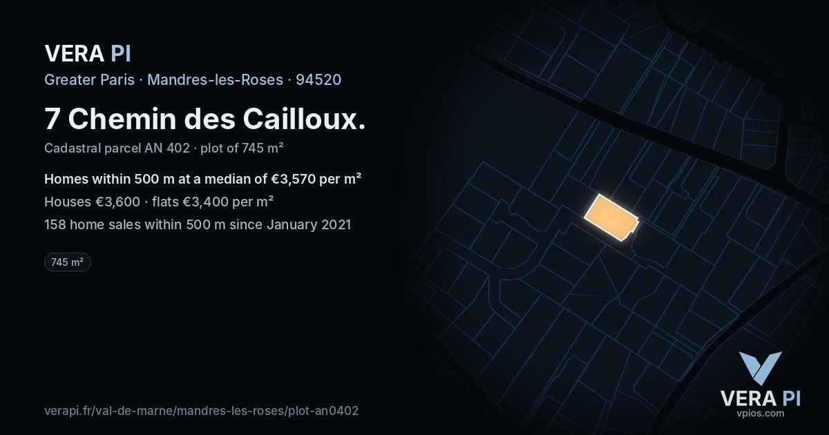 7 Chemin des Cailloux, Mandres-les-Roses at night – the plot lit, the parcels around coloured by the prices near them