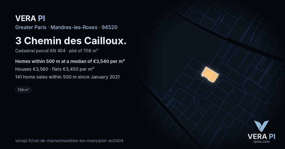 3 Chemin des Cailloux, Mandres-les-Roses at night – the plot lit, the parcels around coloured by the prices near them