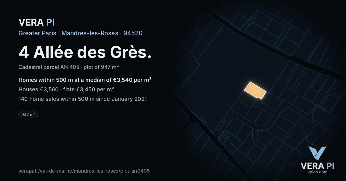 4 Allée des Grès, Mandres-les-Roses at night – the plot lit, the parcels around coloured by the prices near them