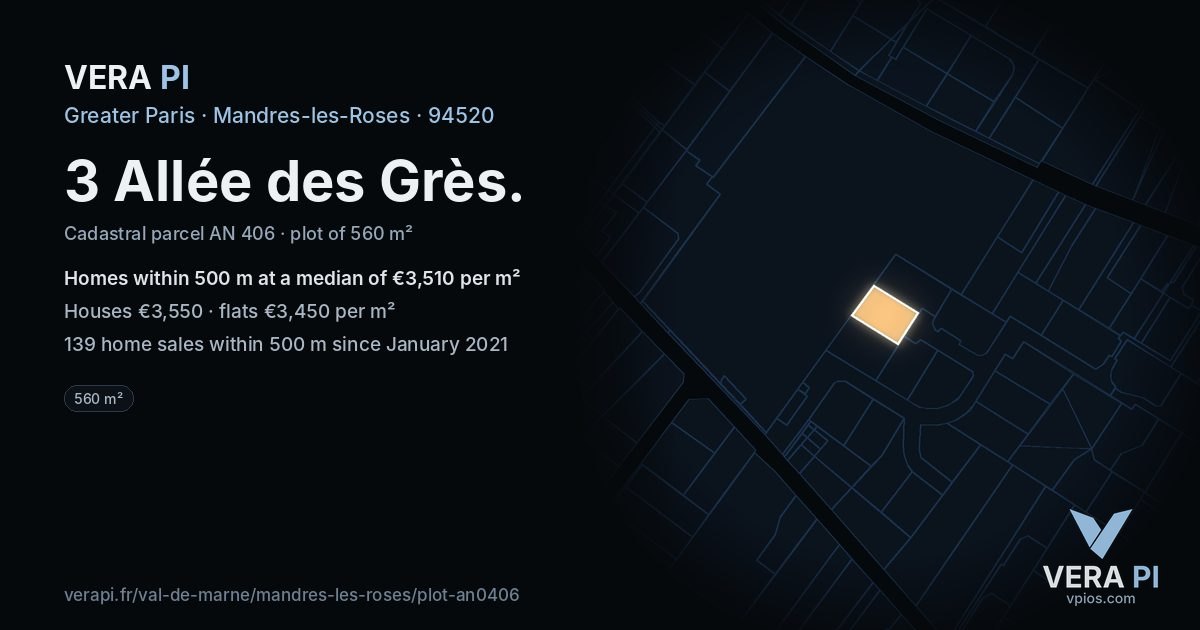 3 Allée des Grès, Mandres-les-Roses at night – the plot lit, the parcels around coloured by the prices near them